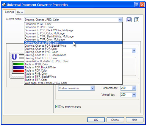 Select the Drawing, Chart to JPEG, Color profile in the Universal Document Converter Properties window and press OK.