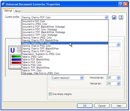 Select the Drawing, Chart to PDF, Color profile in the Universal Document Converter Properties window and press OK.
