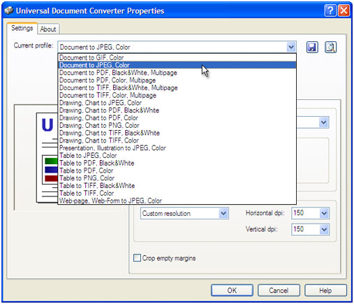 Select the Document to JPEG, Color profile in the Universal Document Converter Properties window.