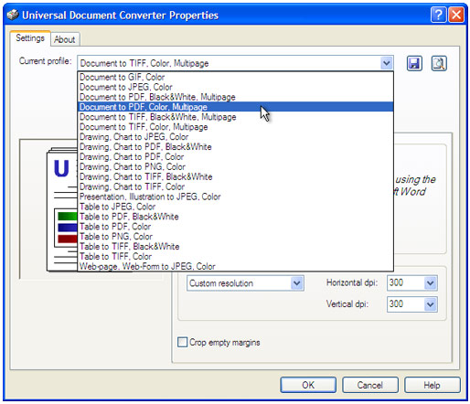 Select the Document to PDF, Color, Multipage profile in the Printing Preferences window and press OK.