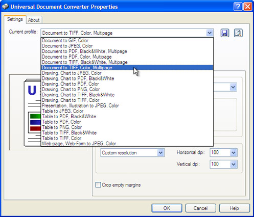 Select the Document to TIFF, Color, Multipage profile in the Universal Document Converter Properties window.