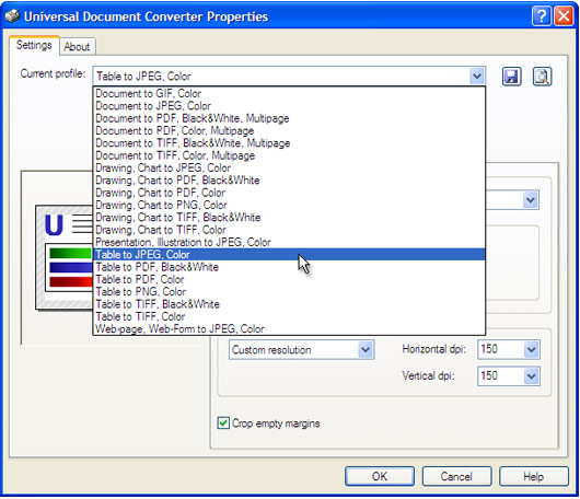 Select the Table to JPEG, Color profile in the Universal Document Converter Properties window and press OK.
