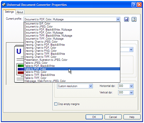 Select the Table to PDF, Color profile in the Printing Preferences window and press OK.