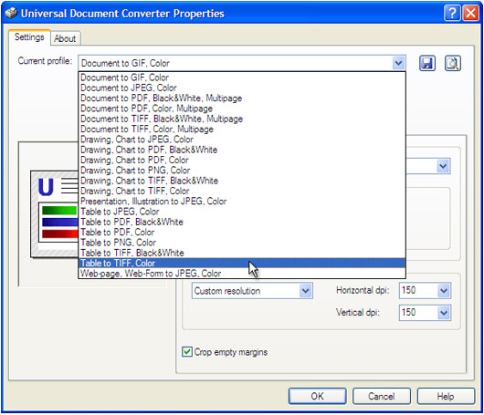 Select the Table to TIFF, Color profile in the Universal Document Converter Properties window and press OK.