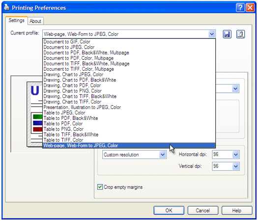 Select the Web-page, Document to PDF, Color, Multipage profile in the Universal Document Converter Printing Preferences window.