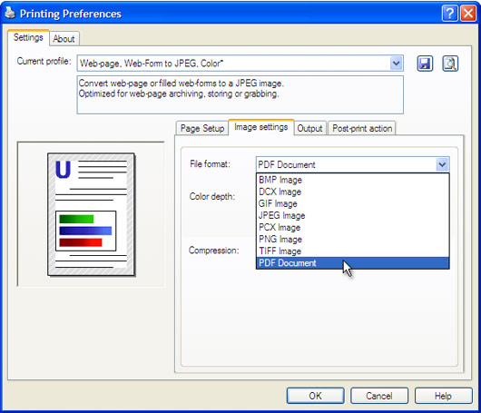 Open the Image settings tab, select the PDF file format and press OK.