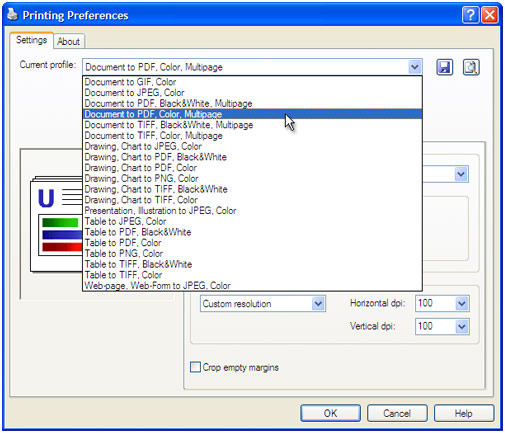 Select the Document to PDF, Color, Multipage profile in the Printing Preferences window and press OK.