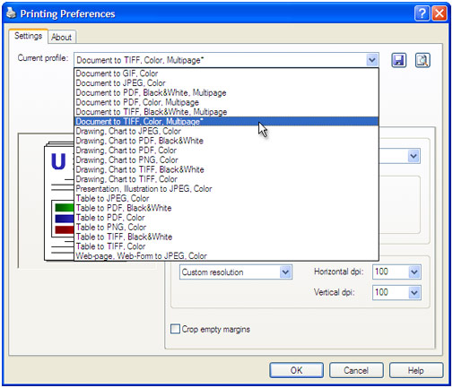 Select the Document to TIFF, Color, Multipage profile in the Printing Preferences window and press OK.