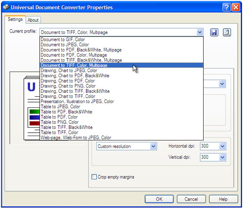 Select the Document to TIFF, Color, Multipage profile in the Universal Document Converter Properties window and press OK.