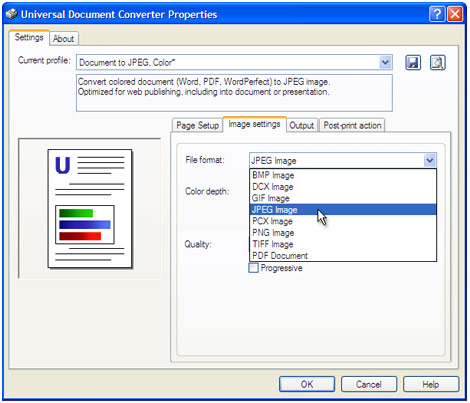 Open the Image settings tab, select file format you required and press OK.