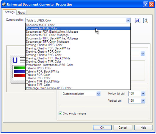Select the Document to JPEG, Color profile in the Universal Document Converter Properties window and press OK.