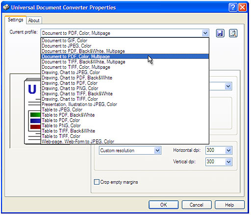 Select the Document to PDF, Color, Multipage profile in the Universal Document Converter Properties window and press OK.