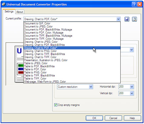 Select the Drawing, Chart to PDF, Color profile in the Printing Preferences window and press OK.