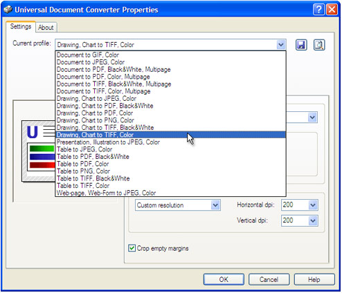 Select the Drawing, Chart to TIFF, Color profile in the Universal Document Converter Properties window and press OK.