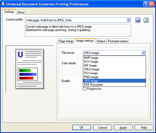 Open the Image settings tab, select the TIFF file format and press OK.