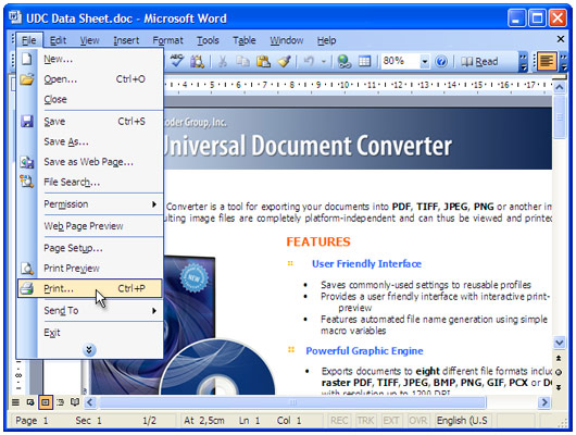 word to image. Open the document in Microsoft Word and press File-Print in application