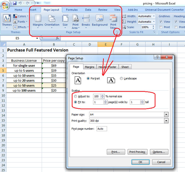 Excel page setup window