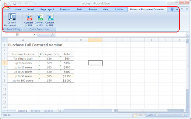 Universal Document Converter toolbar in Microsoft Excel