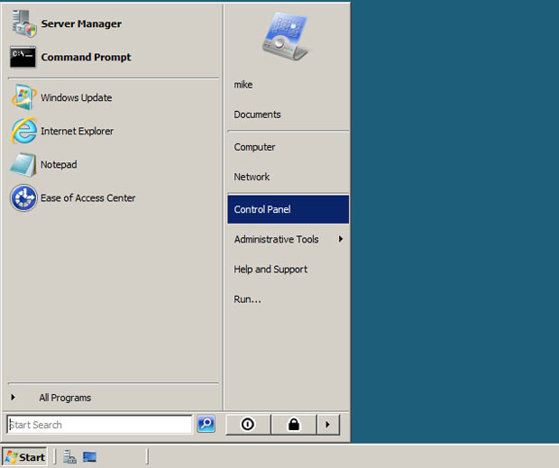 Go to Windows Server Start menu and click Control Panel