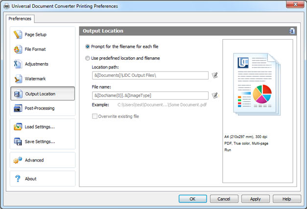 UDC output file lication settings