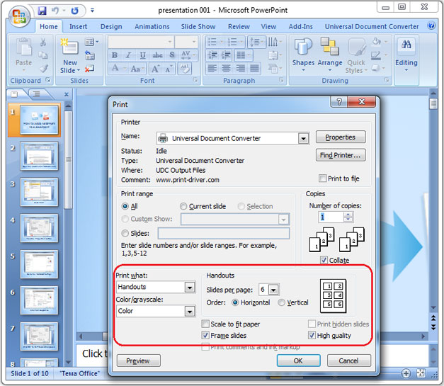 Printing several slides per sheet in Microsoft PowerPoint