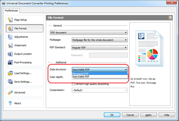 Change PDF type: searchable or bitmapped