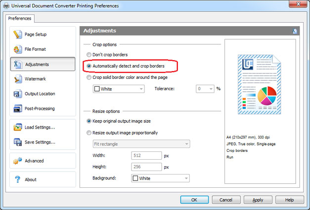 Autocrop margins feature of Universal Document Converter