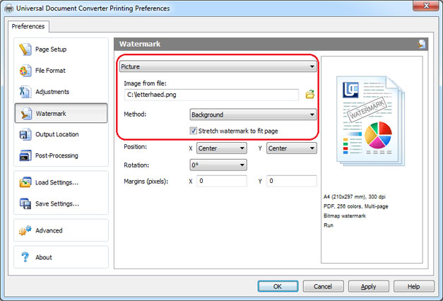 Universal Document Converter picture watermark settings