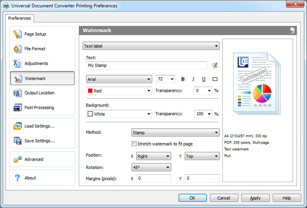 Universal Document Converter settings for text watermark