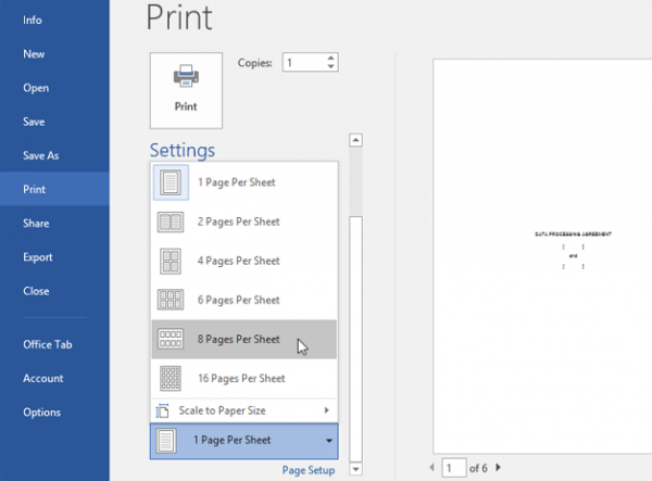 Several pages per sheet feature in Microsoft Word