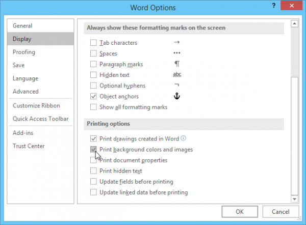 Print background feature in Microsoft Word