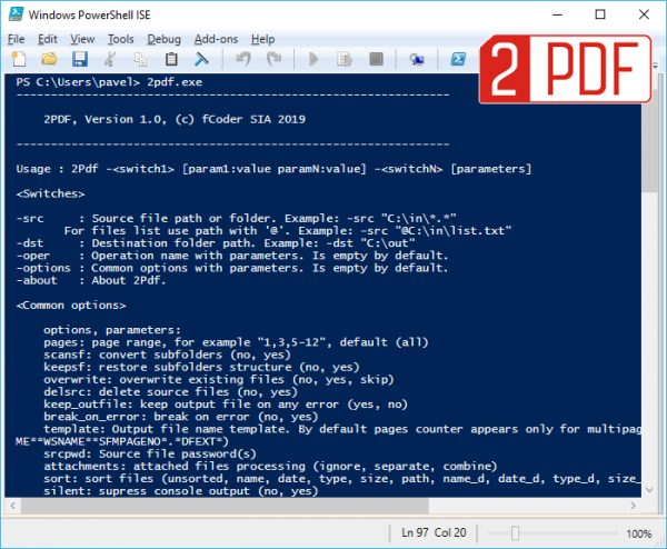 Command line converter 2PDF can save all files from a list into multipage PDF