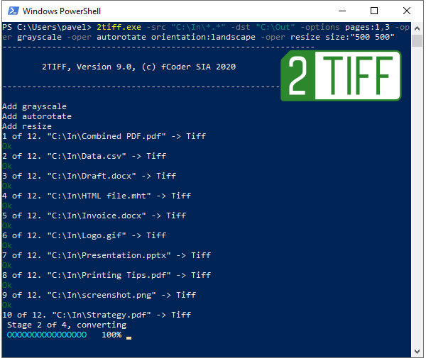 Convert PDF, DOCX, HTML, JPG, PNG to TIFF from command line with 2TIFF
