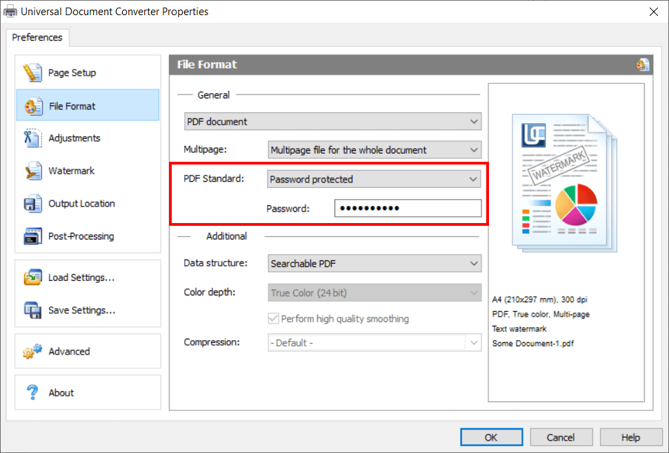 PDF password protection feature in Universal Document Converter settings