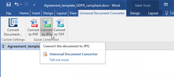 Universal Document Converter toolbar in Microsoft Word 2016