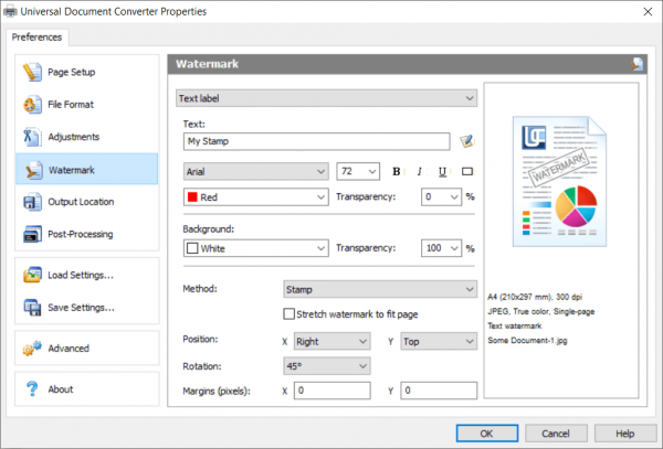 Universal Document Converter settings for text watermark